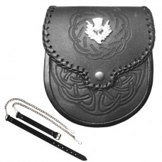 Double Embossed Scottish Black Leather Kilt Sporran
