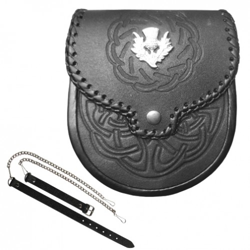 Double Embossed Scottish Black Leather Kilt Sporran