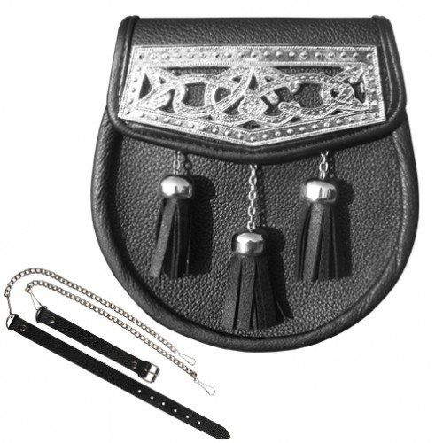Leather Sporran With Thistle Design Chrome Plate 3 Tassels Sporran